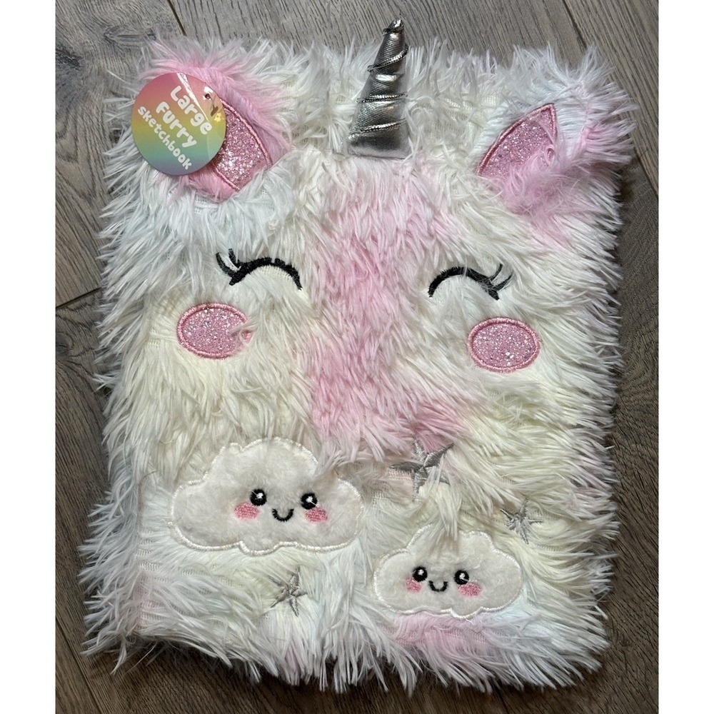 Votum Large Furry Unicorn Sketchbook White Pink Silver Clouds Stars 9x11 NEW